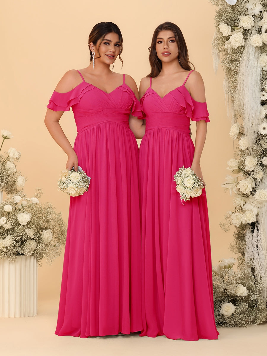 A-Line/Princess V-Neck Spaghetti Straps Chiffon Ruched Bridesmaid Dresses Fuchsia Pink