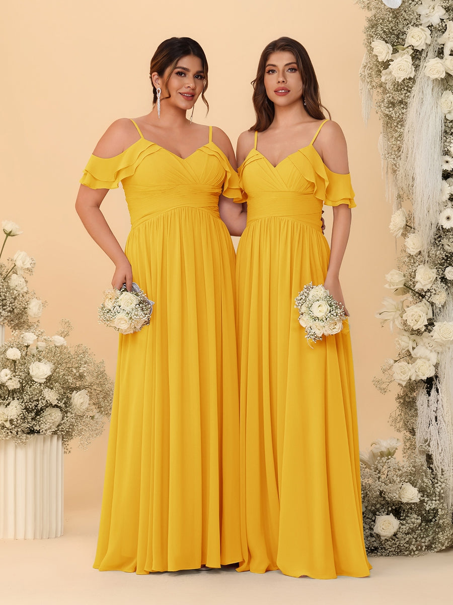 A-Line/Princess V-Neck Spaghetti Straps Chiffon Ruched Bridesmaid Dresses Gold
