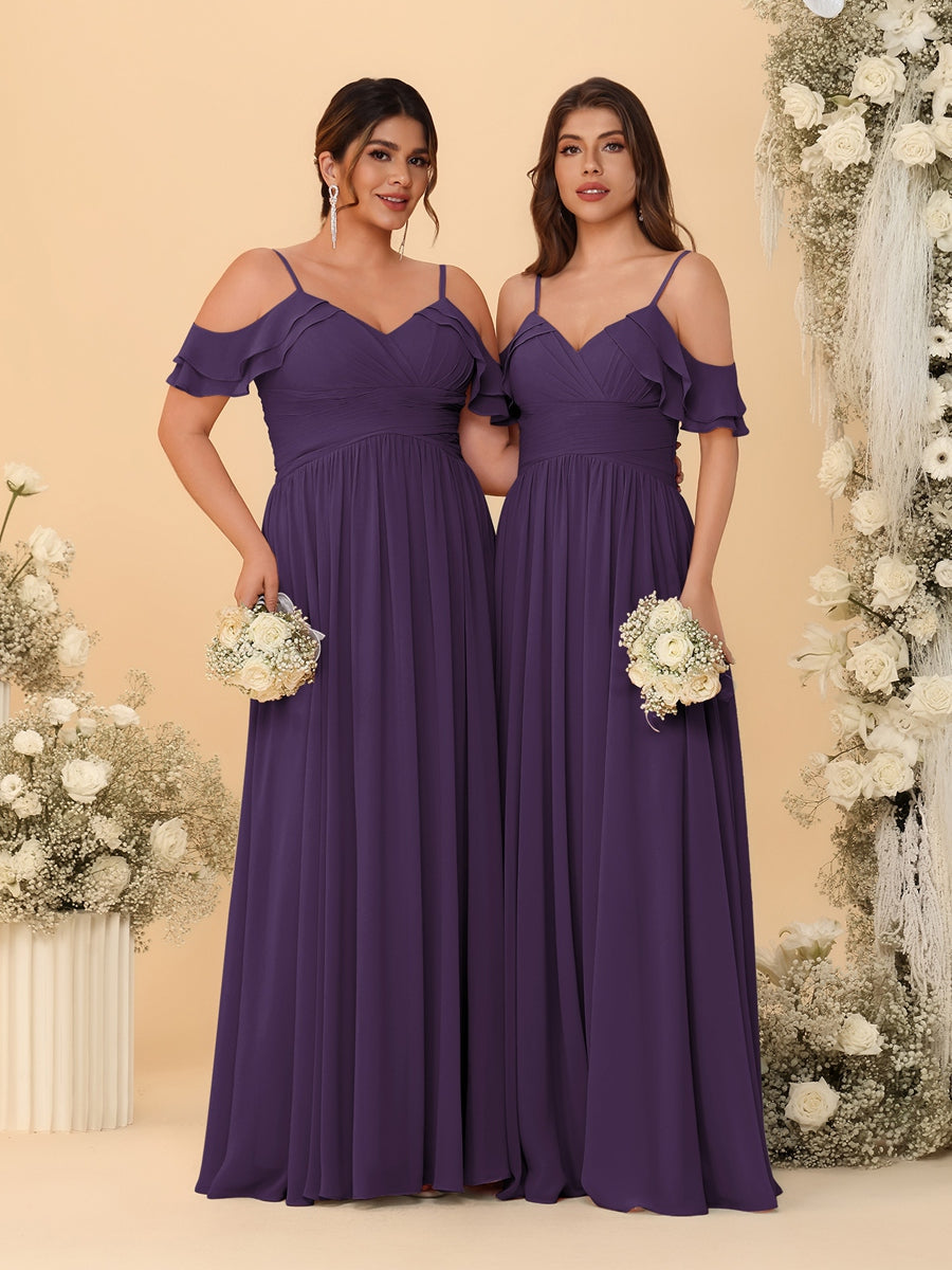 A-Line/Princess V-Neck Spaghetti Straps Chiffon Ruched Bridesmaid Dresses Grape