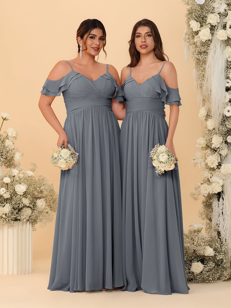A-Line/Princess V-Neck Spaghetti Straps Chiffon Ruched Bridesmaid Dresses Gray