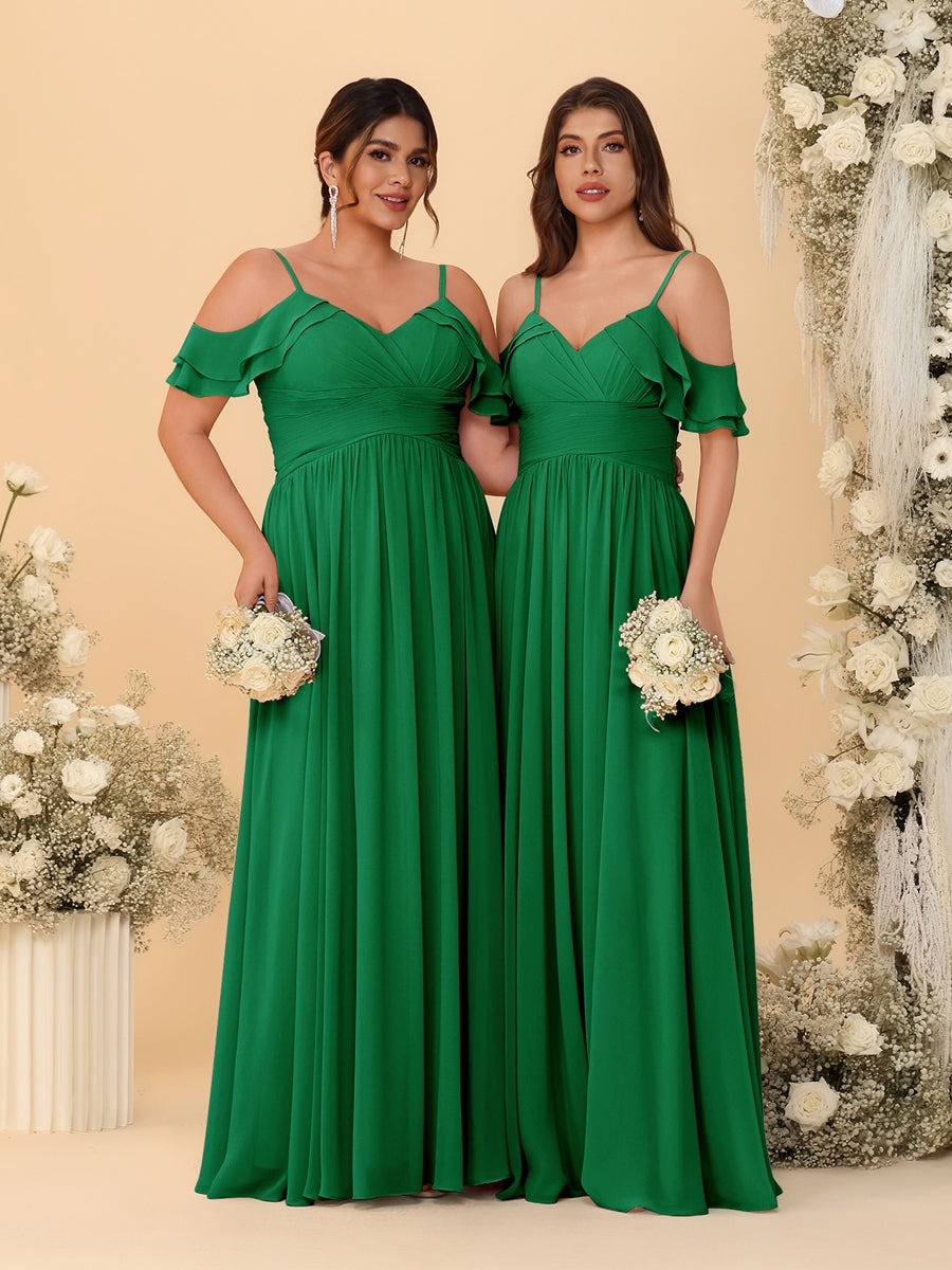 A-Line/Princess V-Neck Spaghetti Straps Chiffon Ruched Bridesmaid Dresses Green