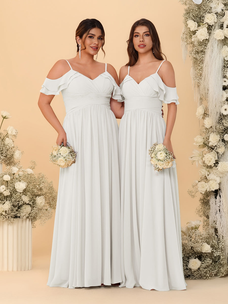 A-Line/Princess V-Neck Spaghetti Straps Chiffon Ruched Bridesmaid Dresses Ivory
