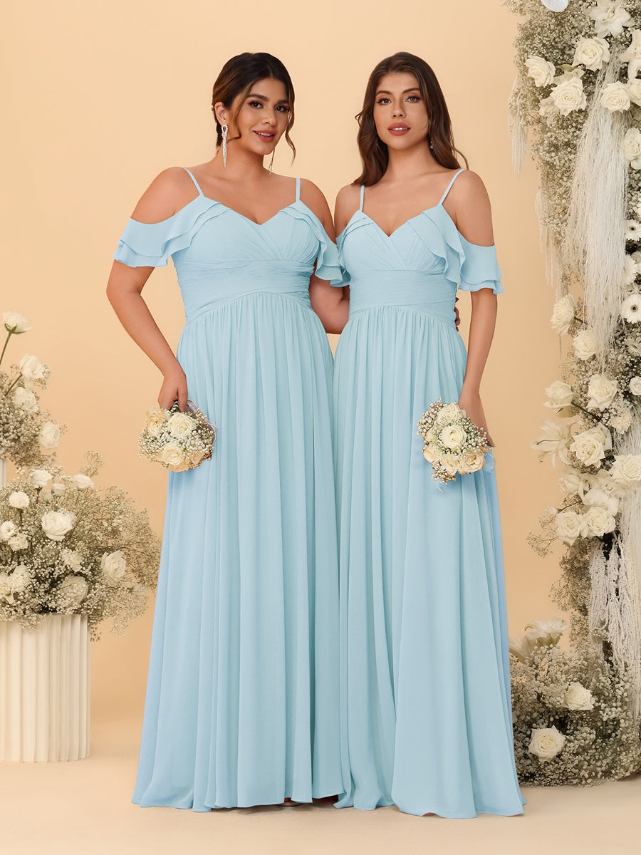 A-Line/Princess V-Neck Spaghetti Straps Chiffon Ruched Bridesmaid Dresses Light Blue