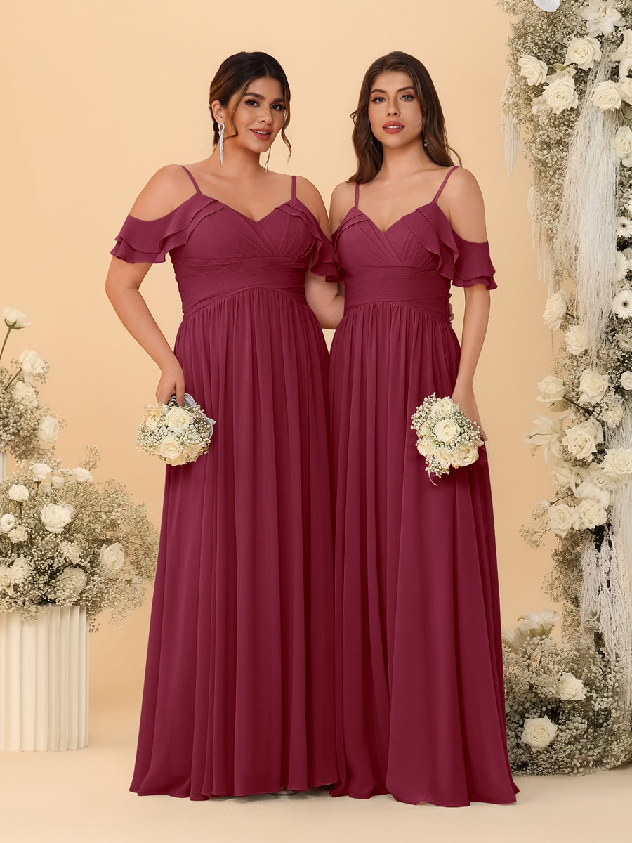 A-Line/Princess V-Neck Spaghetti Straps Chiffon Ruched Bridesmaid Dresses Light Burgundy
