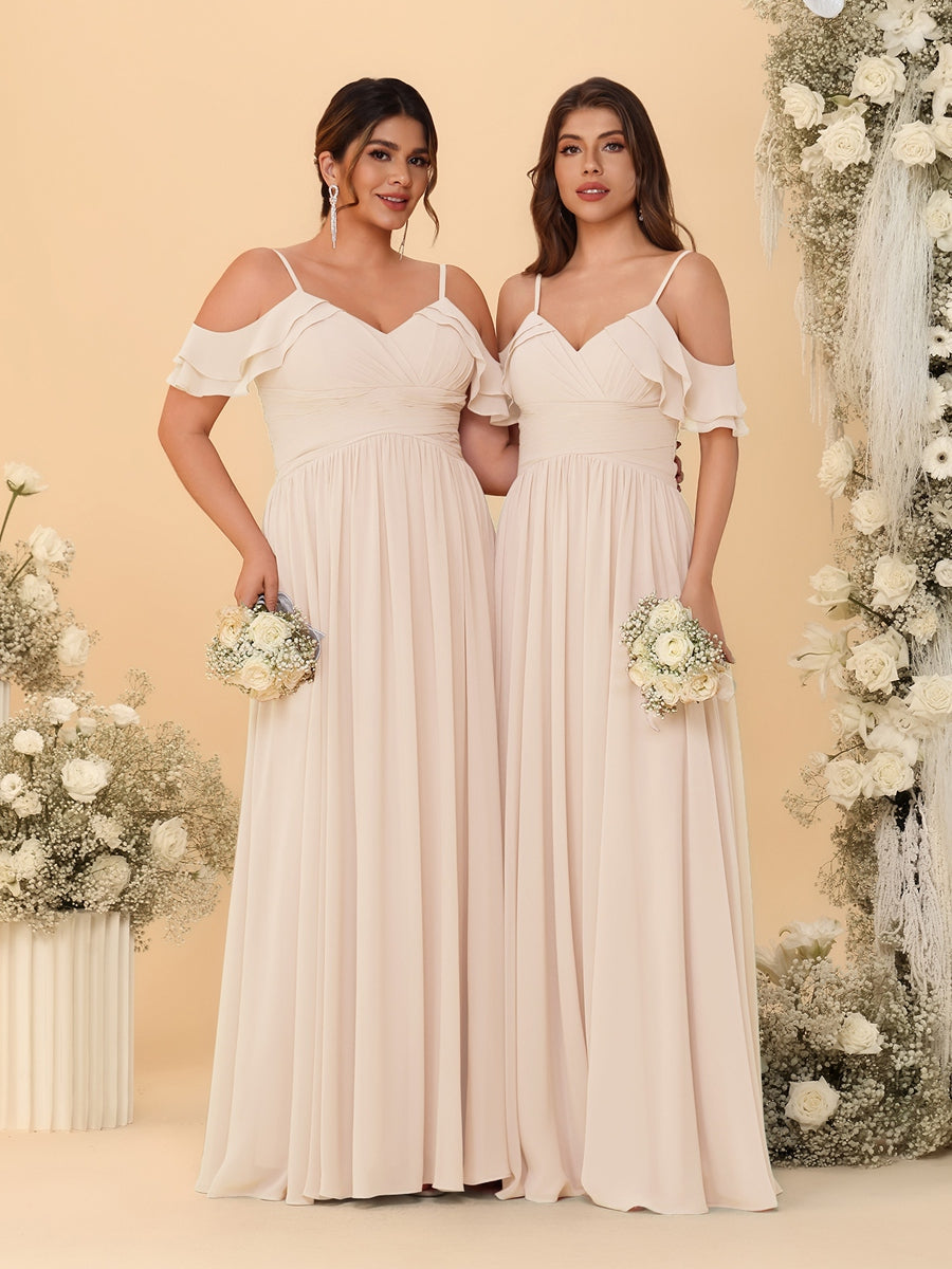 A-Line/Princess V-Neck Spaghetti Straps Chiffon Ruched Bridesmaid Dresses Light Champagne
