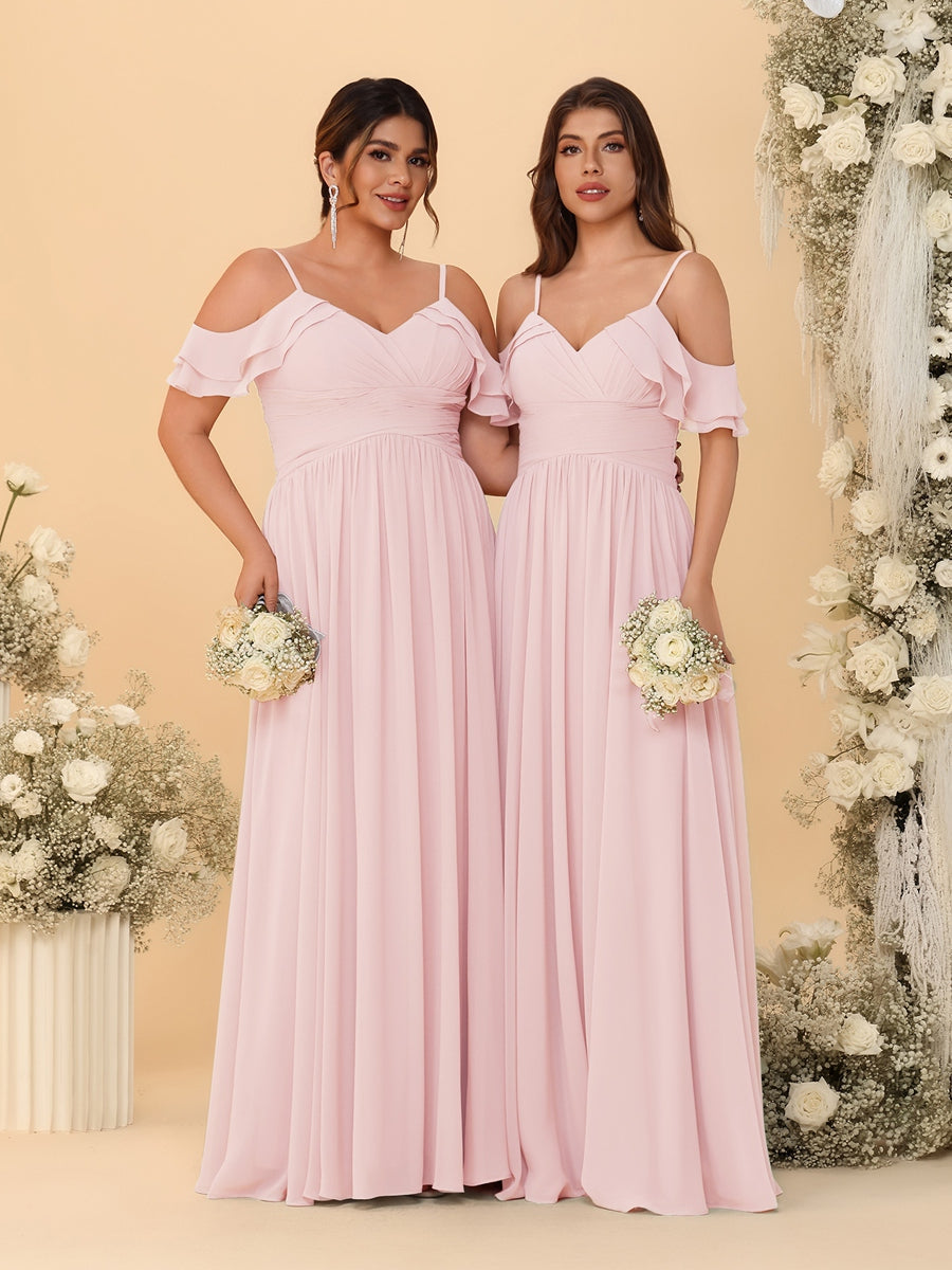 A-Line/Princess V-Neck Spaghetti Straps Chiffon Ruched Bridesmaid Dresses Light Pink