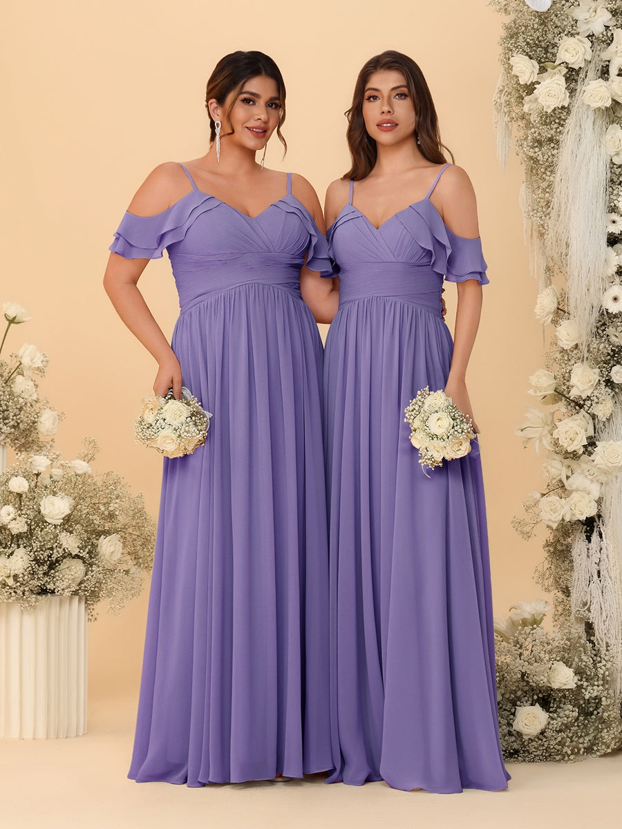 A-Line/Princess V-Neck Spaghetti Straps Chiffon Ruched Bridesmaid Dresses Light Purple