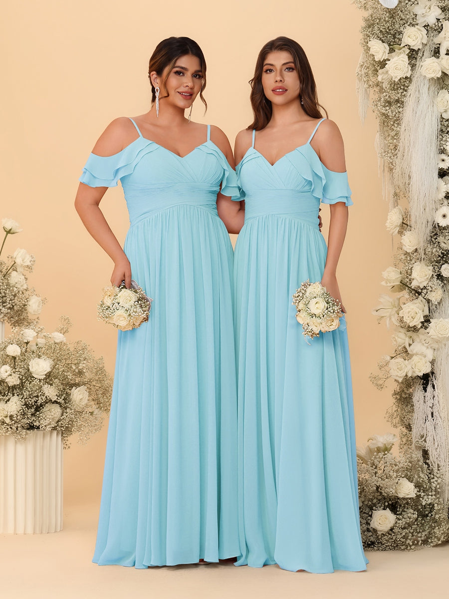 A-Line/Princess V-Neck Spaghetti Straps Chiffon Ruched Bridesmaid Dresses Light Sky Blue