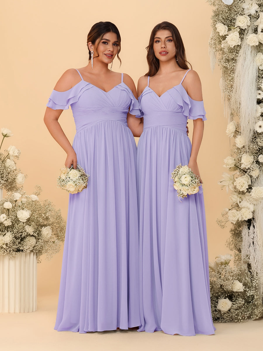 A-Line/Princess V-Neck Spaghetti Straps Chiffon Ruched Bridesmaid Dresses Lilac