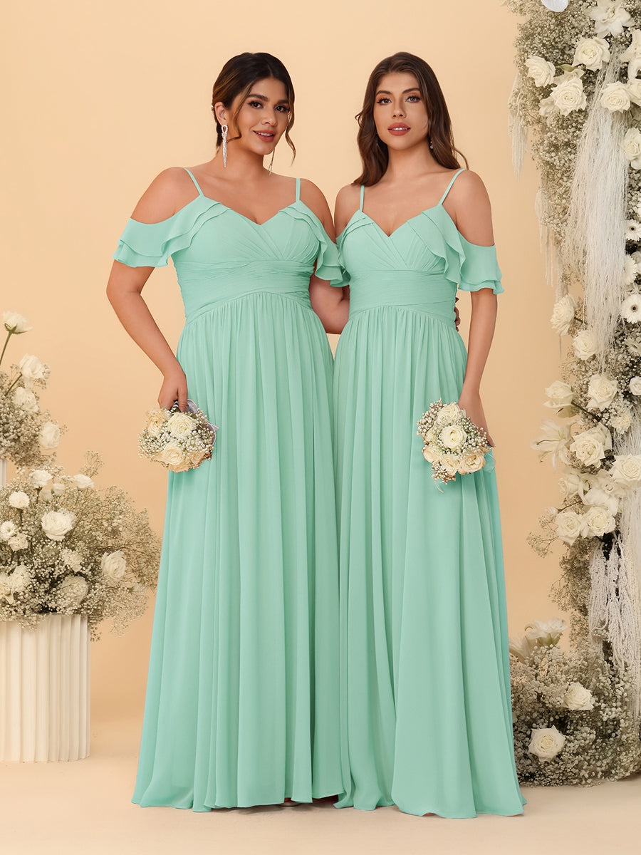A-Line/Princess V-Neck Spaghetti Straps Chiffon Ruched Bridesmaid Dresses Mint Green