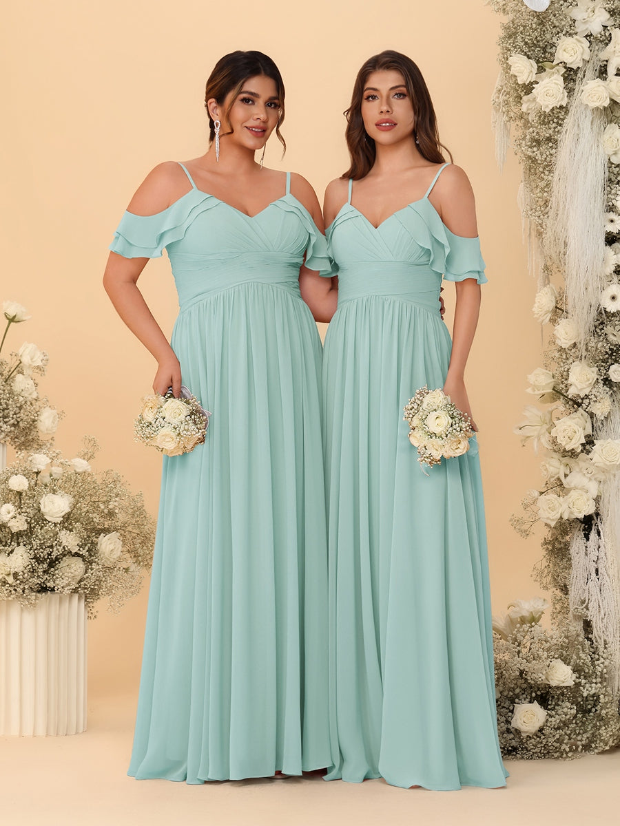 A-Line/Princess V-Neck Spaghetti Straps Chiffon Ruched Bridesmaid Dresses Mist Blue