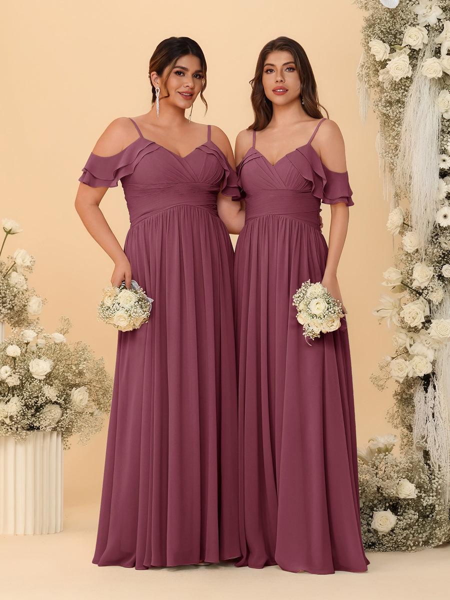 A-Line/Princess V-Neck Spaghetti Straps Chiffon Ruched Bridesmaid Dresses Mulberry
