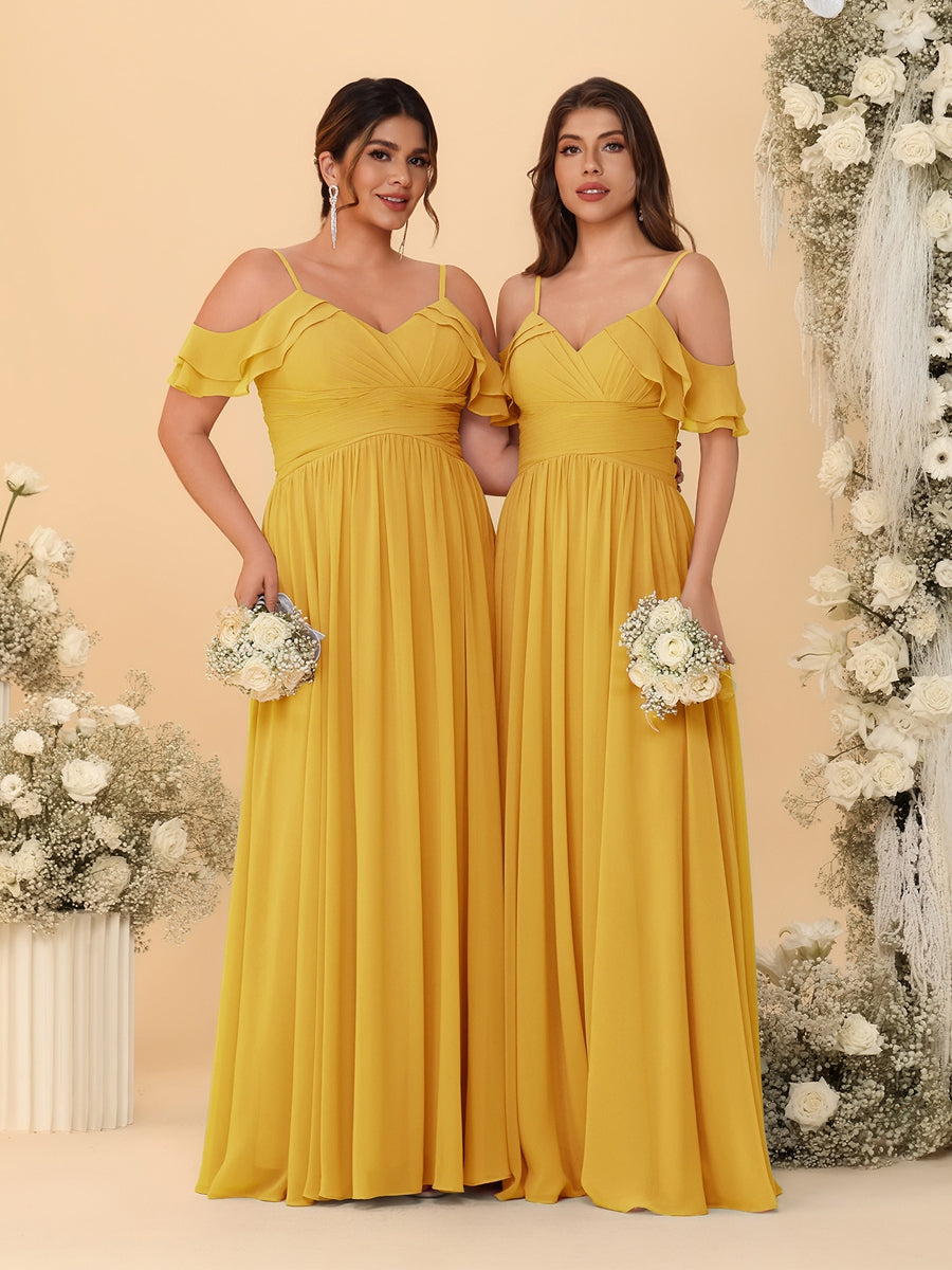 A-Line/Princess V-Neck Spaghetti Straps Chiffon Ruched Bridesmaid Dresses Mustard Yellow