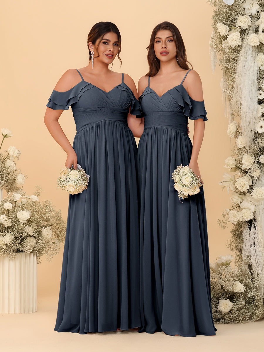 A-Line/Princess V-Neck Spaghetti Straps Chiffon Ruched Bridesmaid Dresses Navy Blue