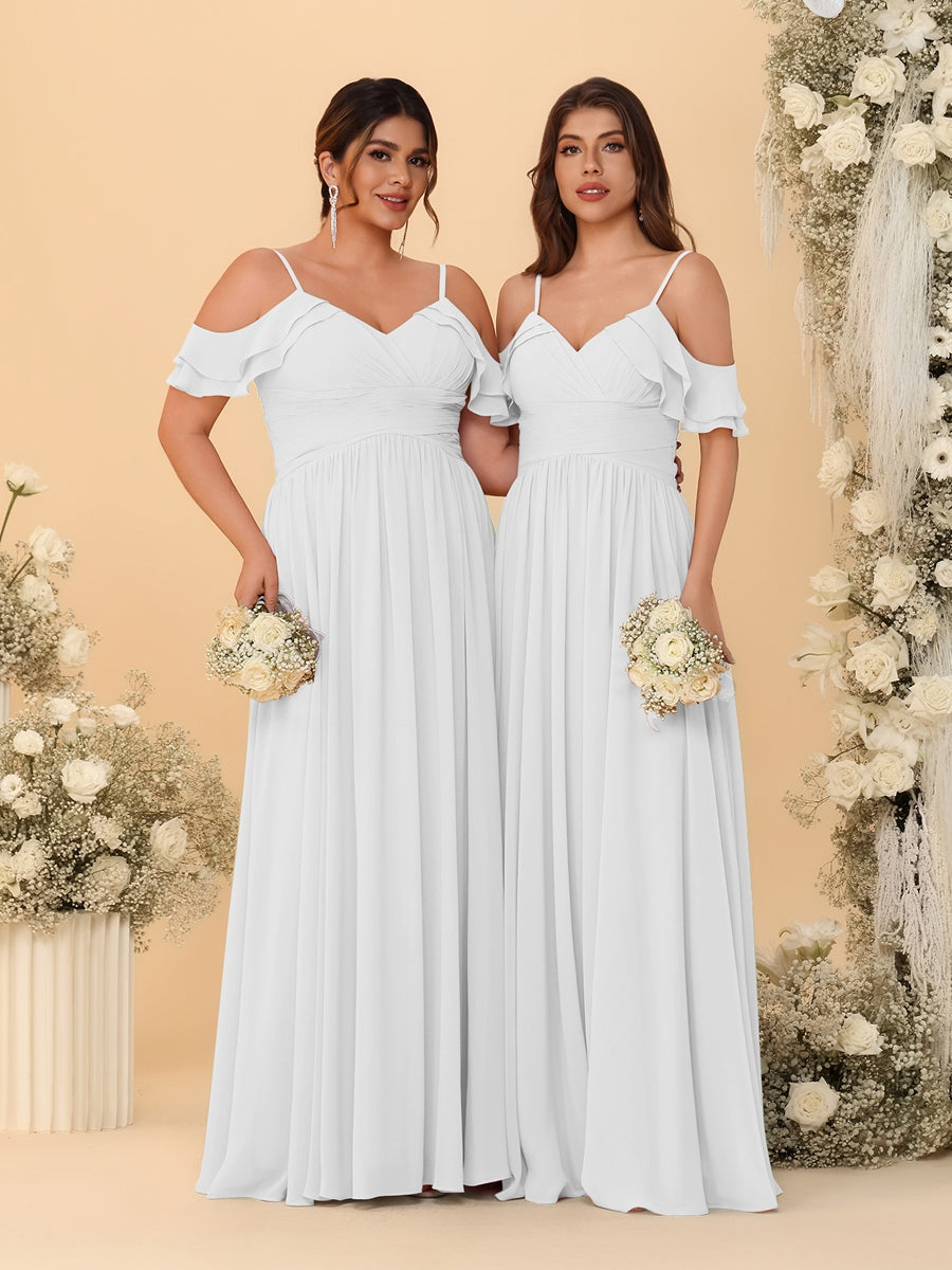 A-Line/Princess V-Neck Spaghetti Straps Chiffon Ruched Bridesmaid Dresses Off White