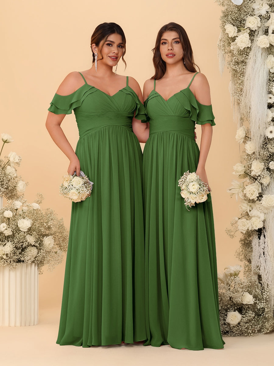 A-Line/Princess V-Neck Spaghetti Straps Chiffon Ruched Bridesmaid Dresses Olive Green