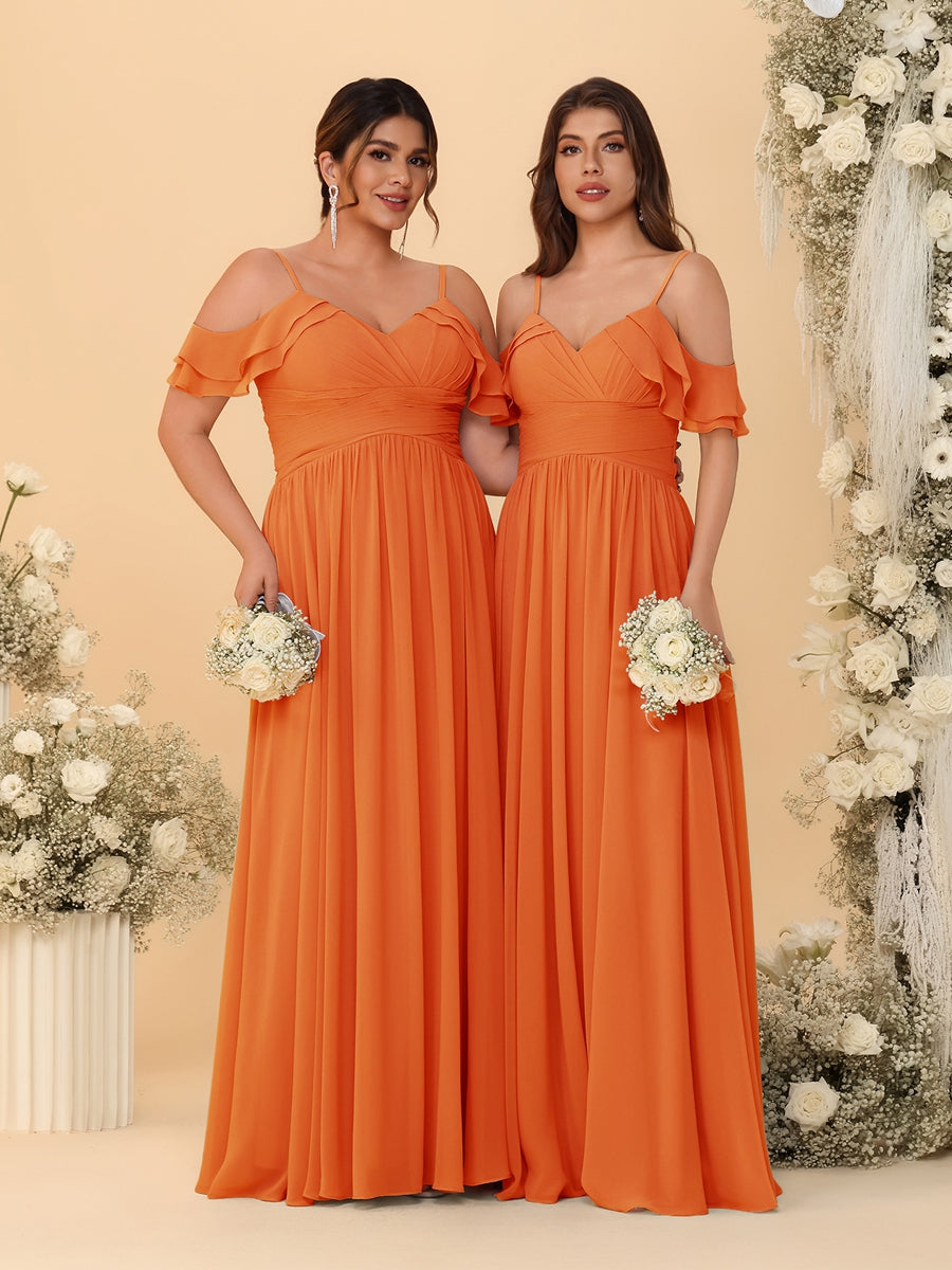 A-Line/Princess V-Neck Spaghetti Straps Chiffon Ruched Bridesmaid Dresses Orange