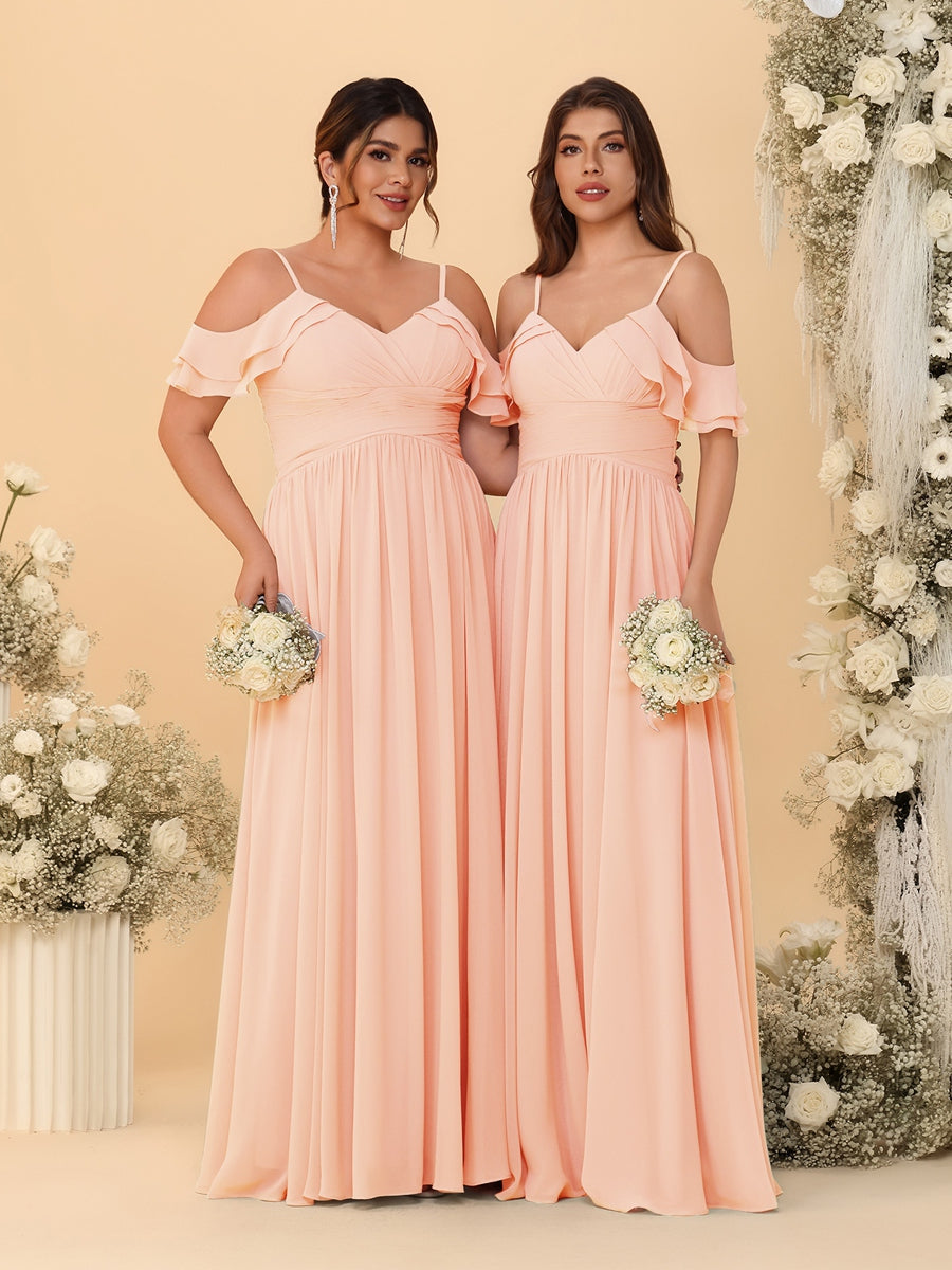 A-Line/Princess V-Neck Spaghetti Straps Chiffon Ruched Bridesmaid Dresses Peach Pink