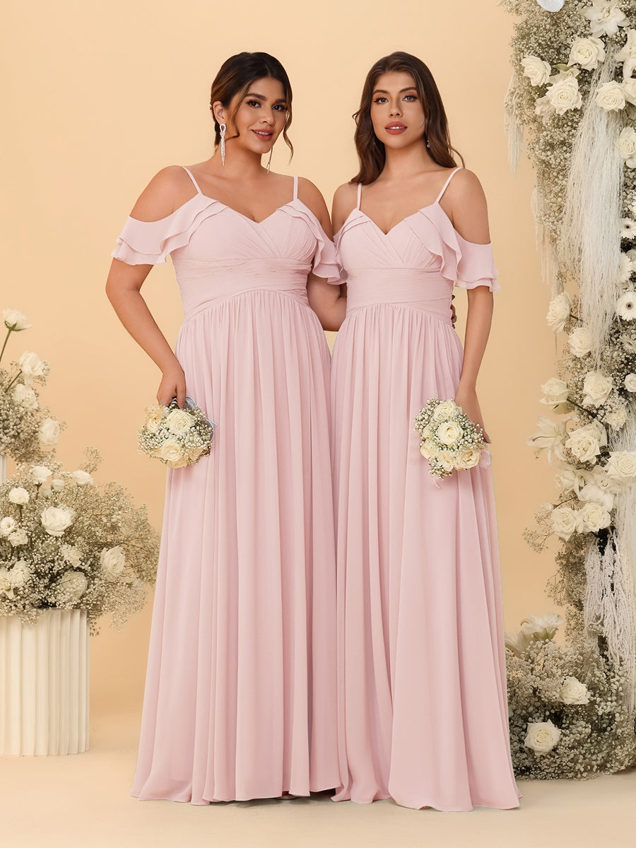 A-Line/Princess V-Neck Spaghetti Straps Chiffon Ruched Bridesmaid Dresses Pearl Pink