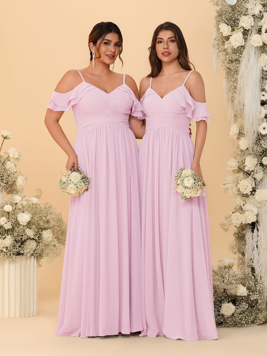A-Line/Princess V-Neck Spaghetti Straps Chiffon Ruched Bridesmaid Dresses Pink