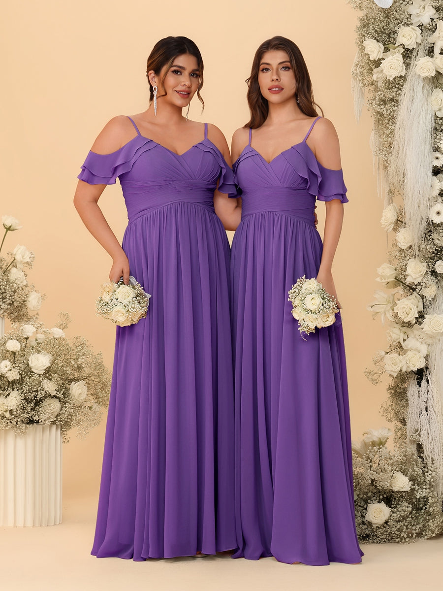 A-Line/Princess V-Neck Spaghetti Straps Chiffon Ruched Bridesmaid Dresses Purple