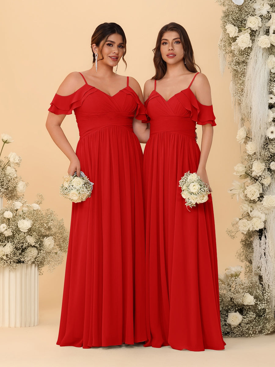 A-Line/Princess V-Neck Spaghetti Straps Chiffon Ruched Bridesmaid Dresses Red