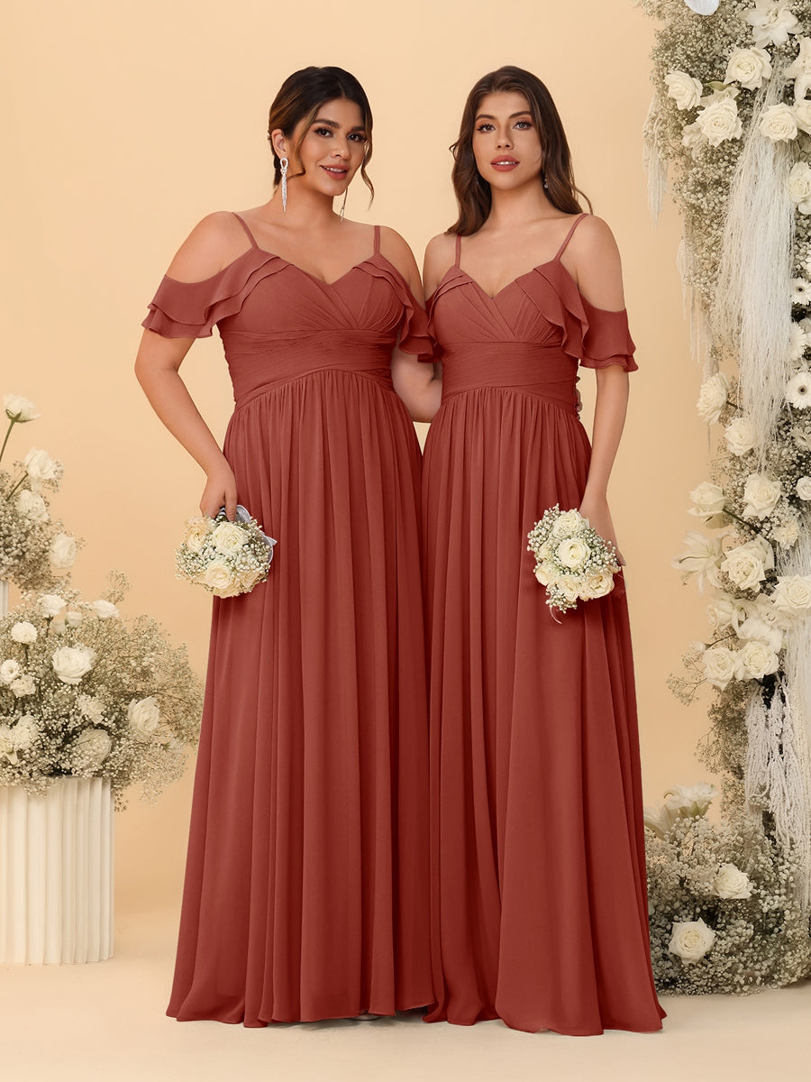 A-Line/Princess V-Neck Spaghetti Straps Chiffon Ruched Bridesmaid Dresses Rust