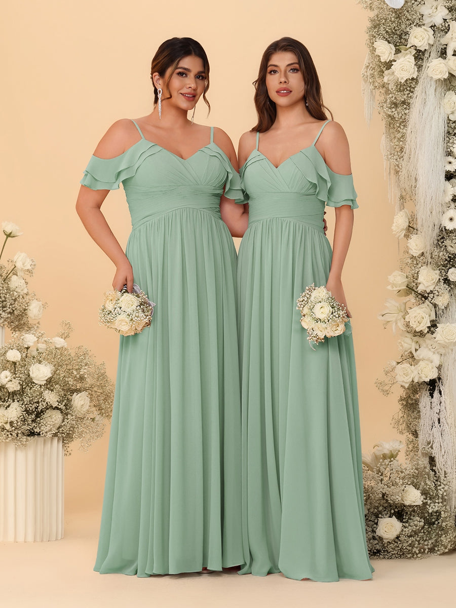 A-Line/Princess V-Neck Spaghetti Straps Chiffon Ruched Bridesmaid Dresses Sage