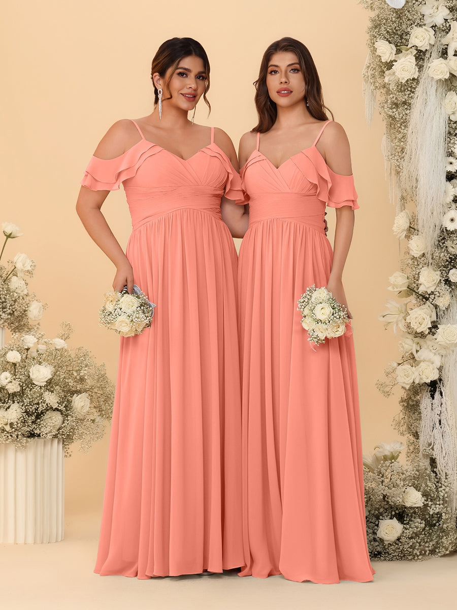A-Line/Princess V-Neck Spaghetti Straps Chiffon Ruched Bridesmaid Dresses Salmon