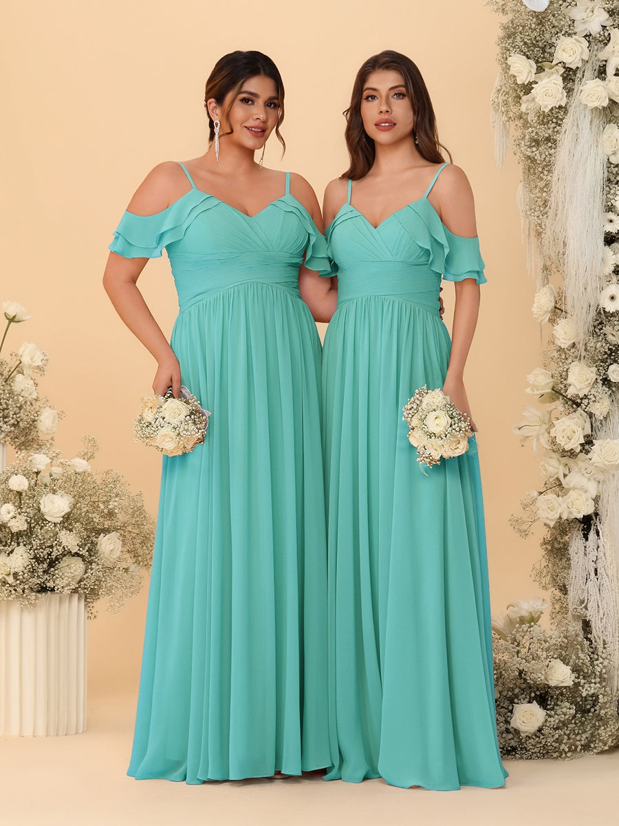 A-Line/Princess V-Neck Spaghetti Straps Chiffon Ruched Bridesmaid Dresses Spa
