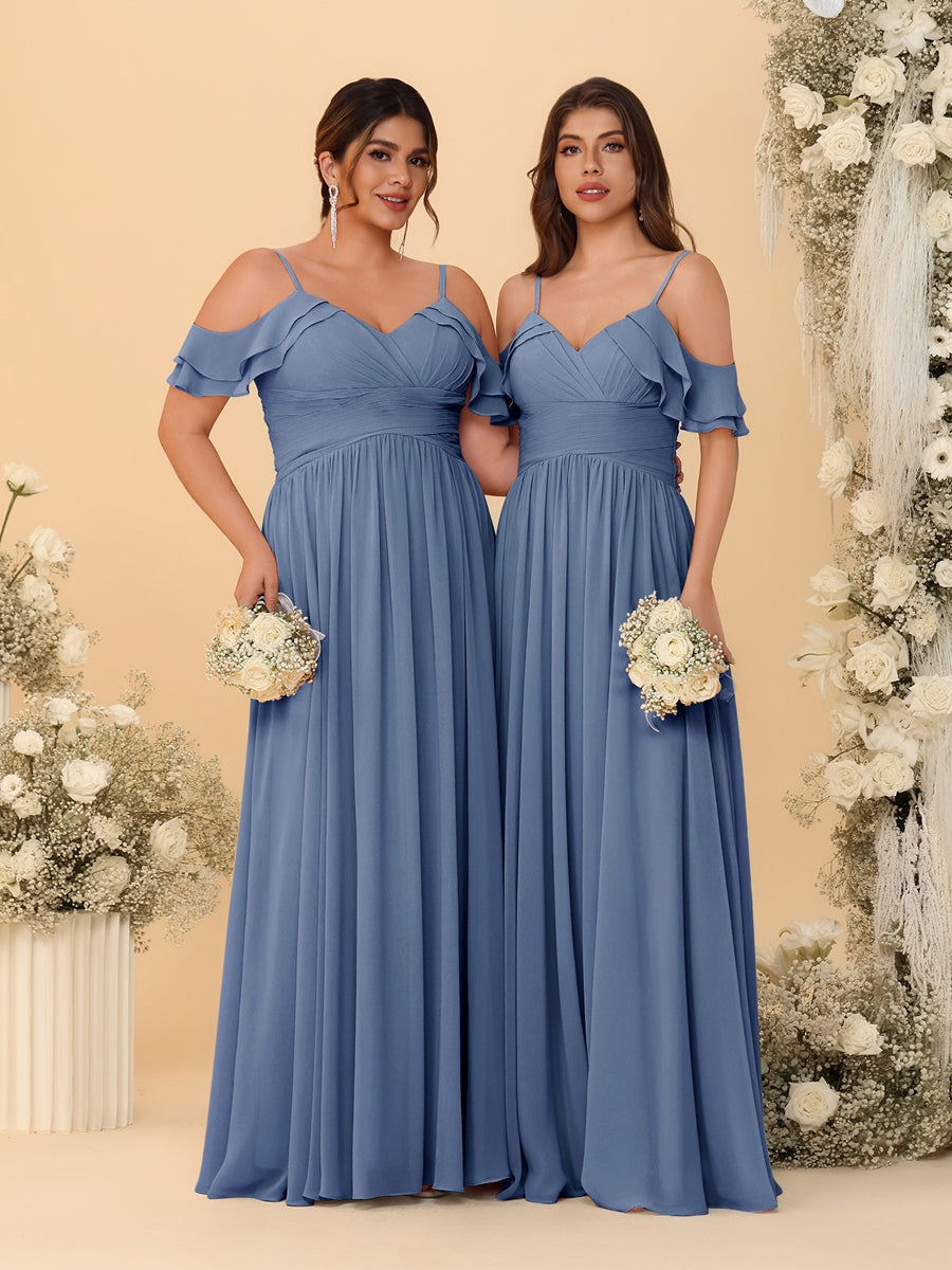 A-Line/Princess V-Neck Spaghetti Straps Chiffon Ruched Bridesmaid Dresses Steel Blue