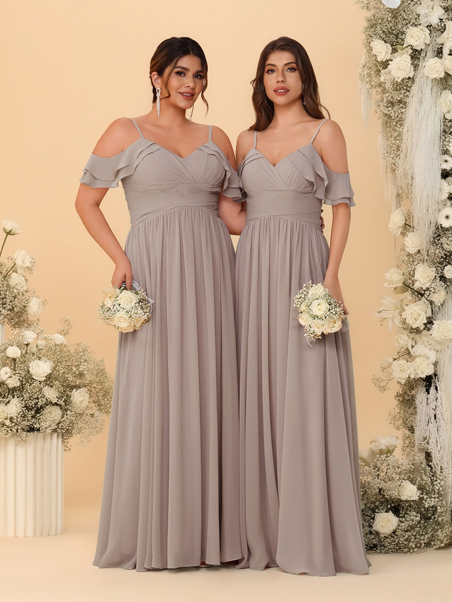 A-Line/Princess V-Neck Spaghetti Straps Chiffon Ruched Bridesmaid Dresses Taupe