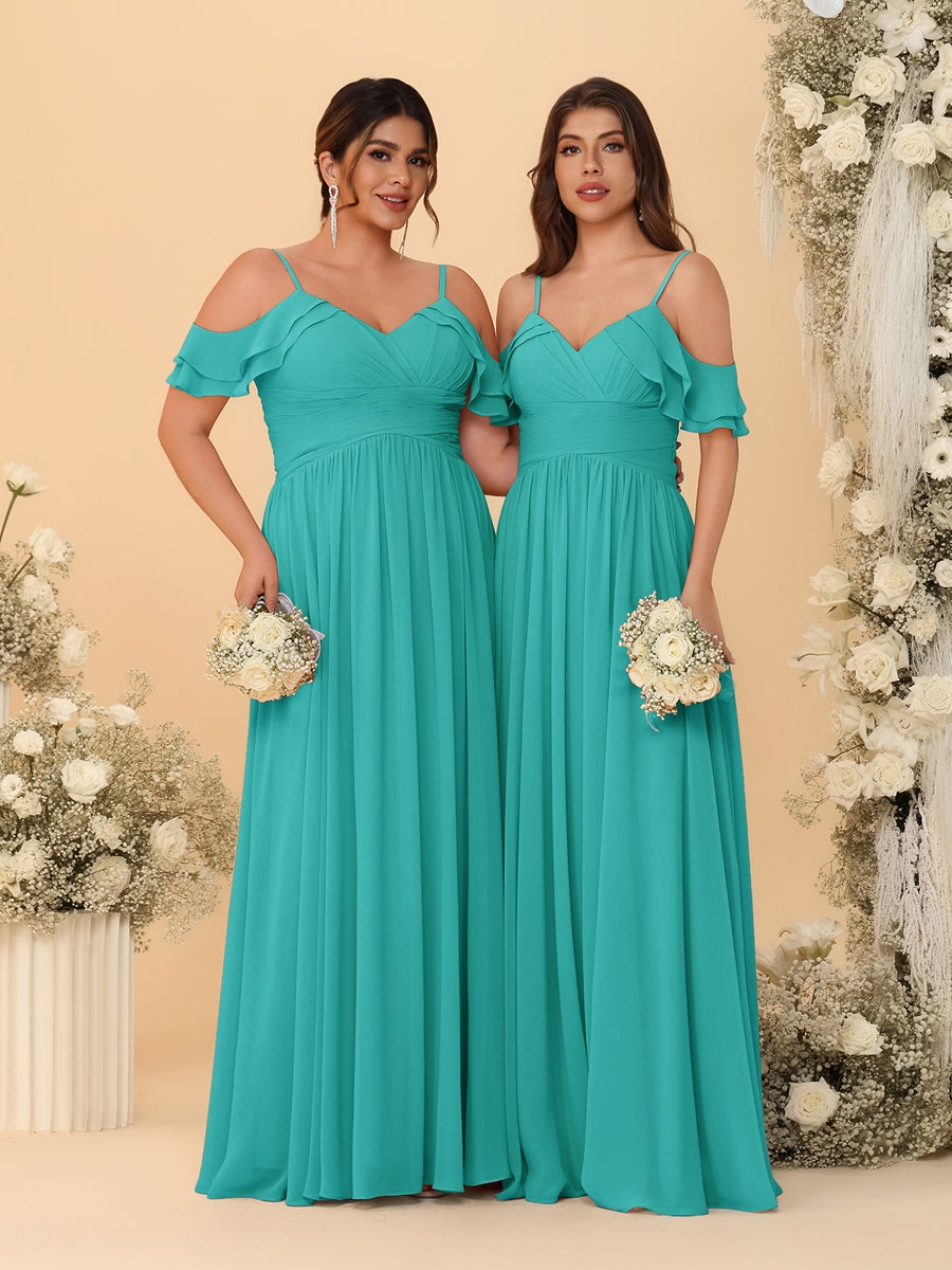 A-Line/Princess V-Neck Spaghetti Straps Chiffon Ruched Bridesmaid Dresses Turquoise