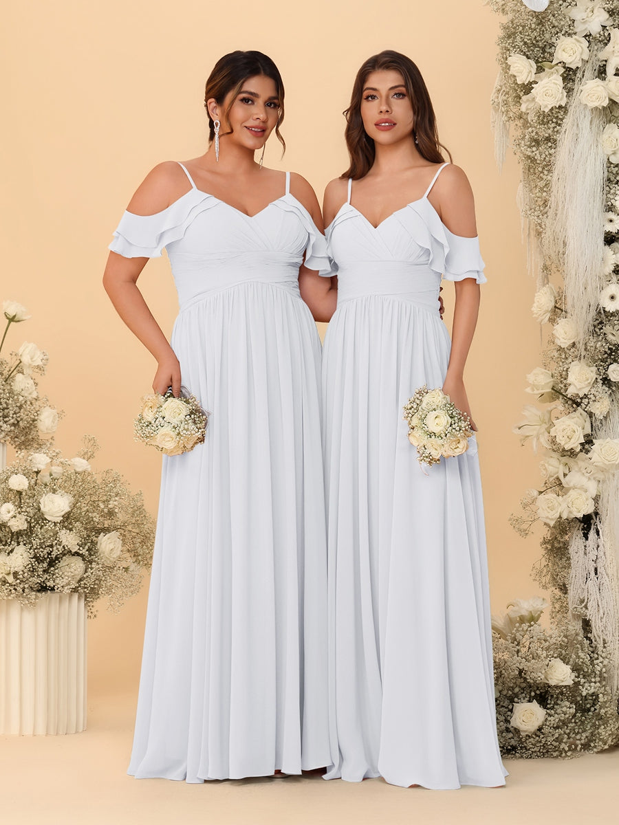 A-Line/Princess V-Neck Spaghetti Straps Chiffon Ruched Bridesmaid Dresses White