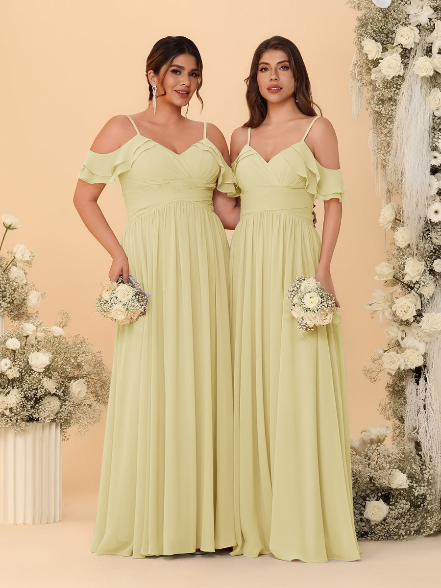A-Line/Princess V-Neck Spaghetti Straps Chiffon Ruched Bridesmaid Dresses Yellow