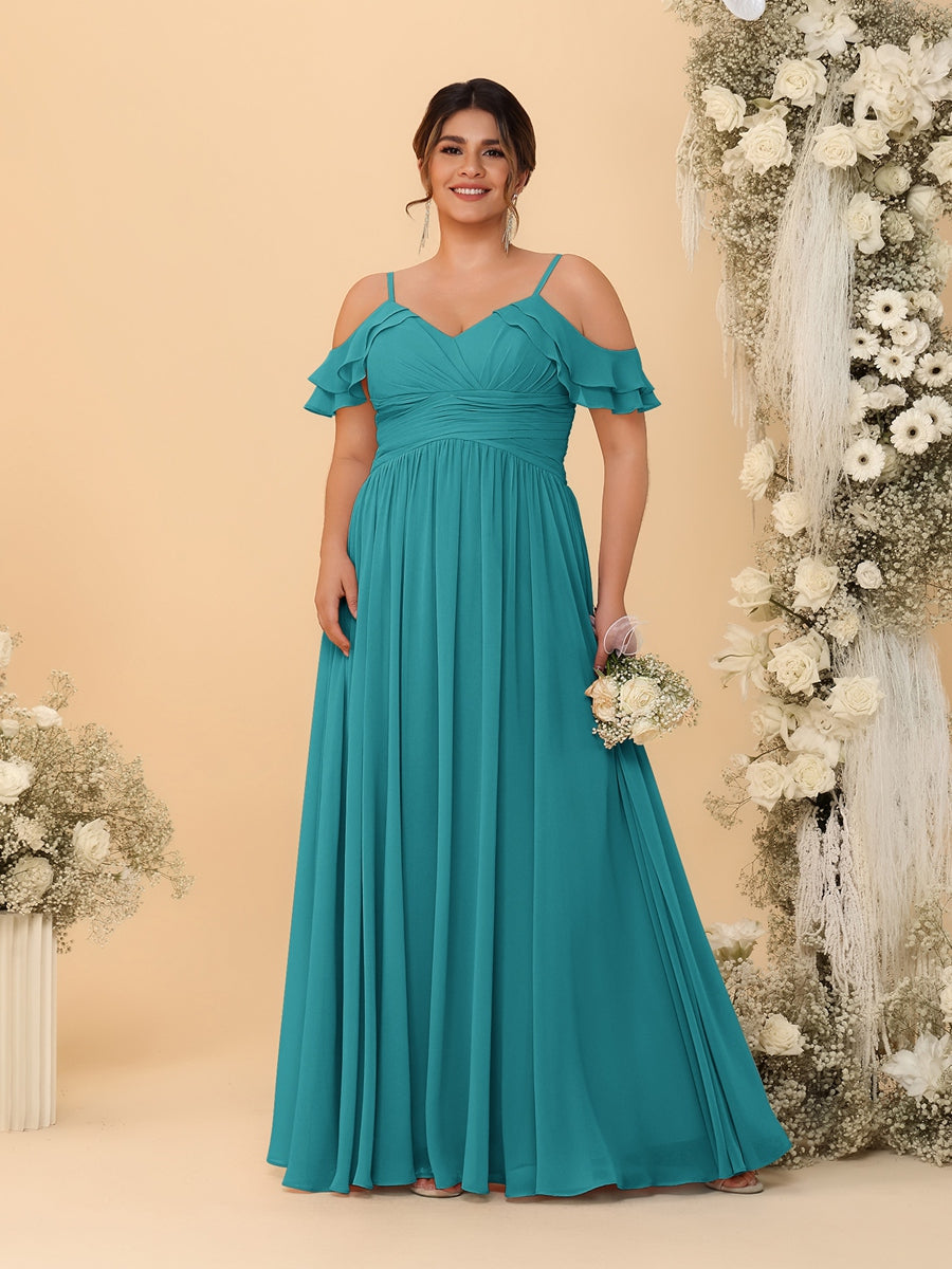A-Line/Princess V-Neck Spaghetti Straps Chiffon Ruched Plus Size Bridesmaid Dresses Aqua Blue