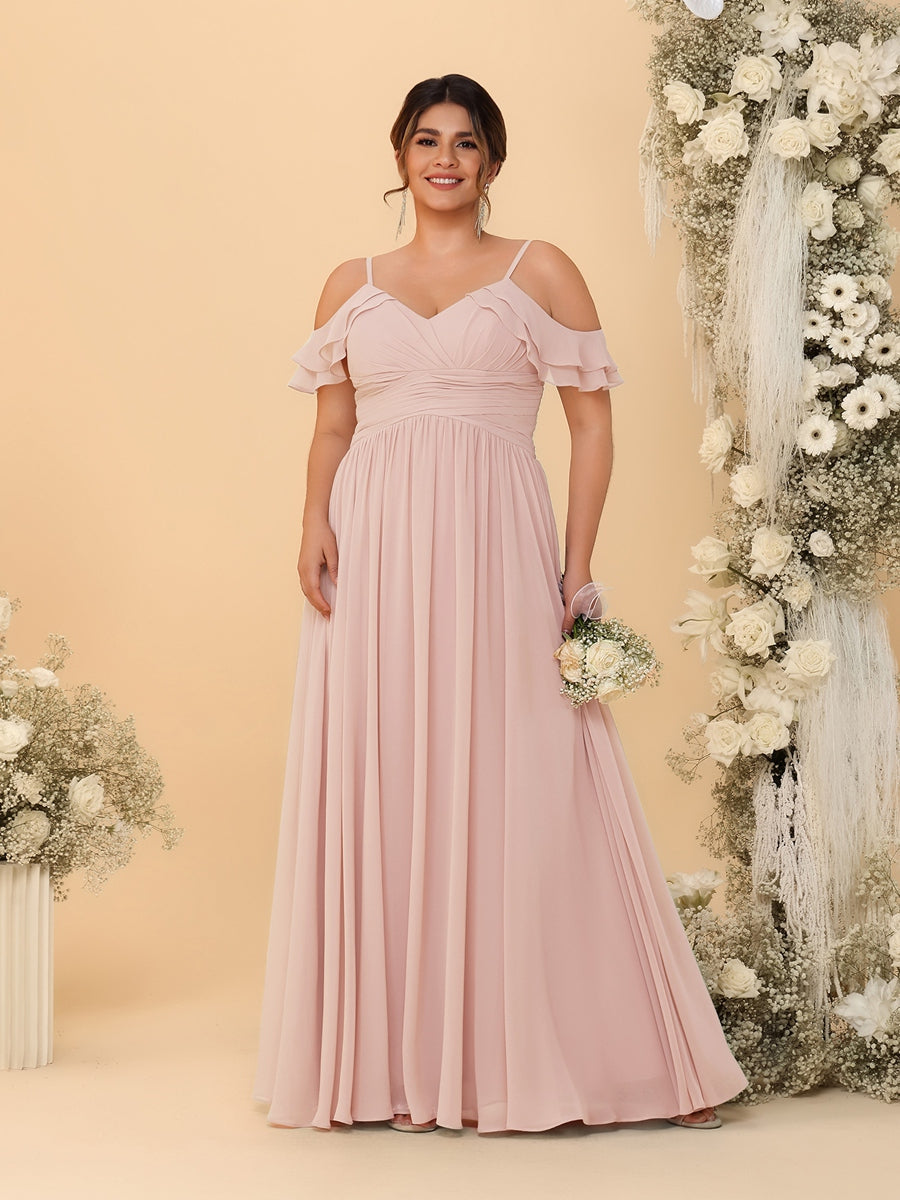 A-Line/Princess V-Neck Spaghetti Straps Chiffon Ruched Plus Size Bridesmaid Dresses Blush Pink