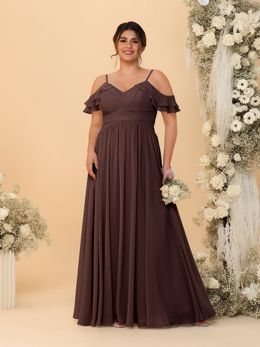 A-Line/Princess V-Neck Spaghetti Straps Chiffon Ruched Plus Size Bridesmaid Dresses Brown