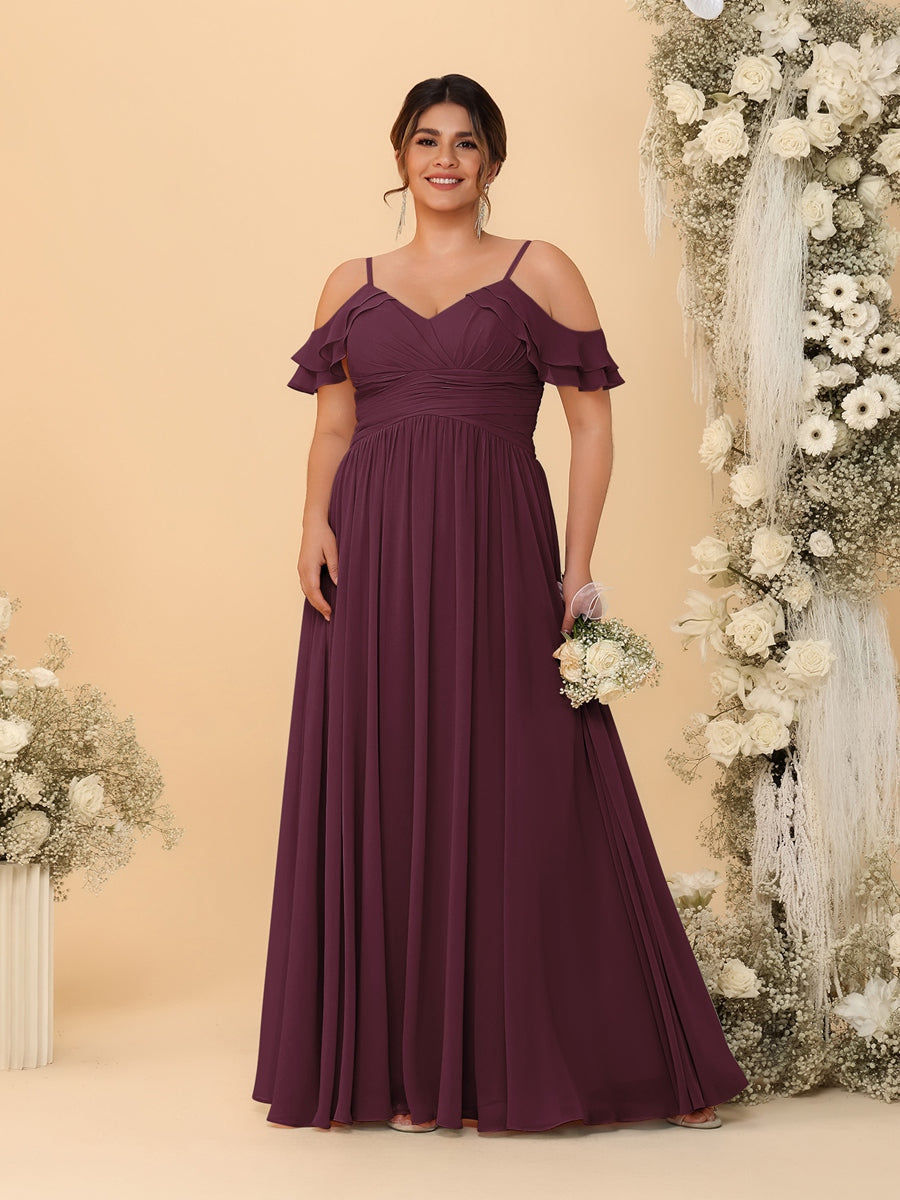 A-Line/Princess V-Neck Spaghetti Straps Chiffon Ruched Plus Size Bridesmaid Dresses Burgundy