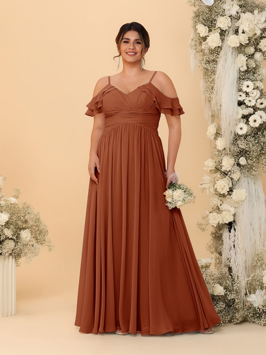 A-Line/Princess V-Neck Spaghetti Straps Chiffon Ruched Plus Size Bridesmaid Dresses Burnt Orange