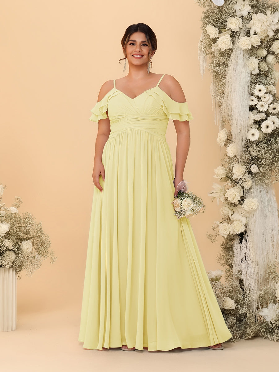 A-Line/Princess V-Neck Spaghetti Straps Chiffon Ruched Plus Size Bridesmaid Dresses Canary