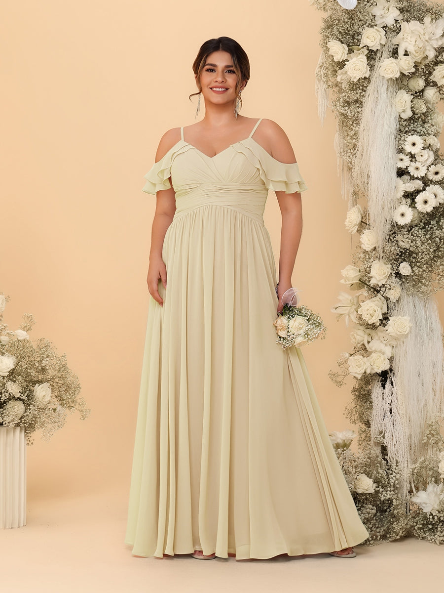 A-Line/Princess V-Neck Spaghetti Straps Chiffon Ruched Plus Size Bridesmaid Dresses Champagne