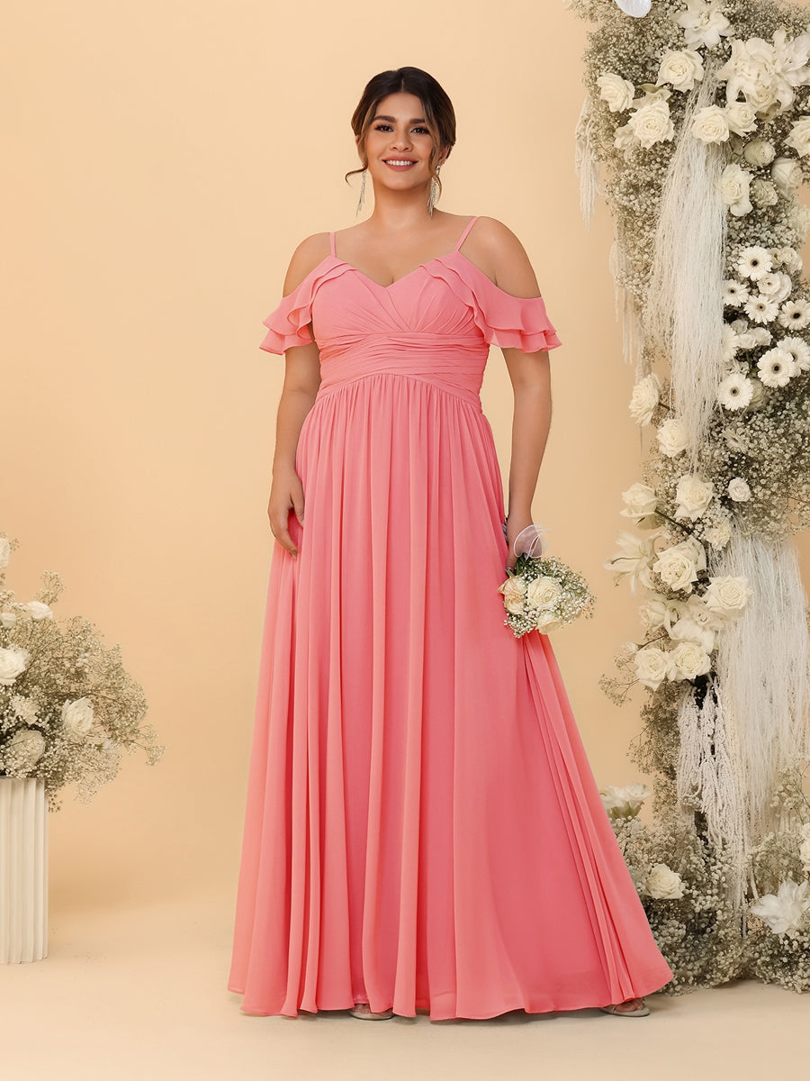 A-Line/Princess V-Neck Spaghetti Straps Chiffon Ruched Plus Size Bridesmaid Dresses Coral