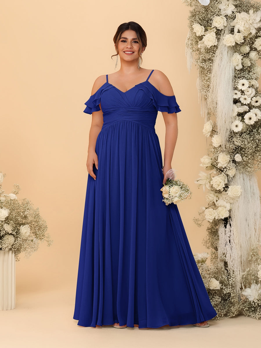 A-Line/Princess V-Neck Spaghetti Straps Chiffon Ruched Plus Size Bridesmaid Dresses Dark Royal Blue