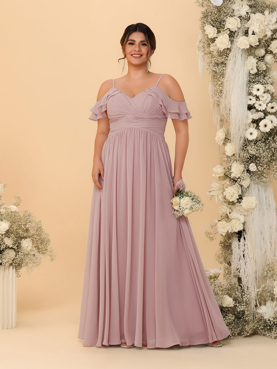 A-Line/Princess V-Neck Spaghetti Straps Chiffon Ruched Plus Size Bridesmaid Dresses Dusty Pink