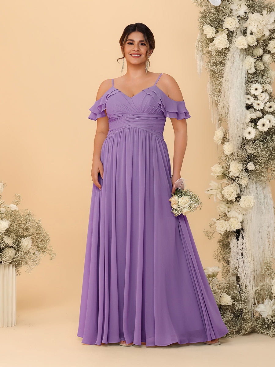 A-Line/Princess V-Neck Spaghetti Straps Chiffon Ruched Plus Size Bridesmaid Dresses Dusty Purple