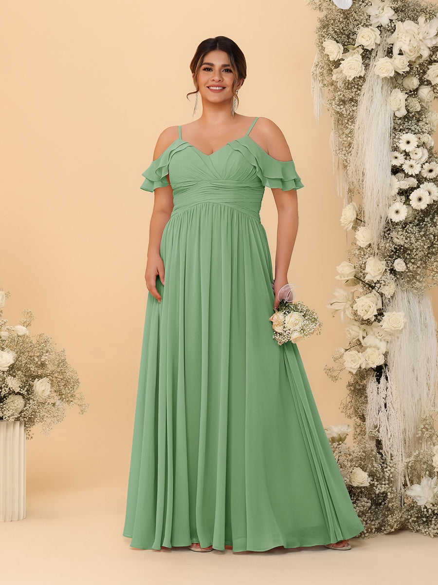 A-Line/Princess V-Neck Spaghetti Straps Chiffon Ruched Plus Size Bridesmaid Dresses Dusty Sage