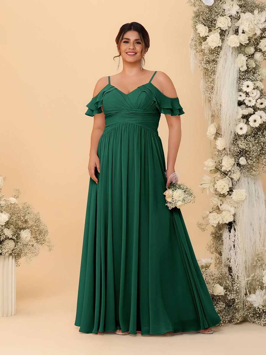 A-Line/Princess V-Neck Spaghetti Straps Chiffon Ruched Plus Size Bridesmaid Dresses Emerald