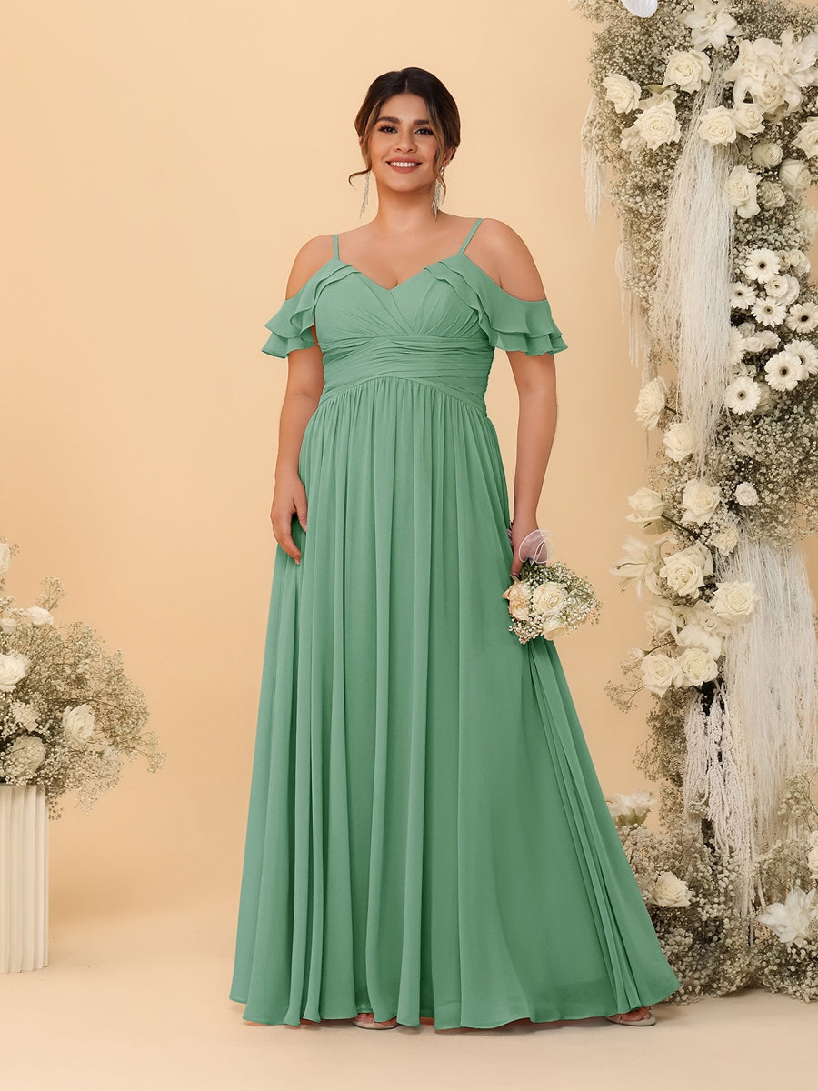 A-Line/Princess V-Neck Spaghetti Straps Chiffon Ruched Plus Size Bridesmaid Dresses Eucalyptus