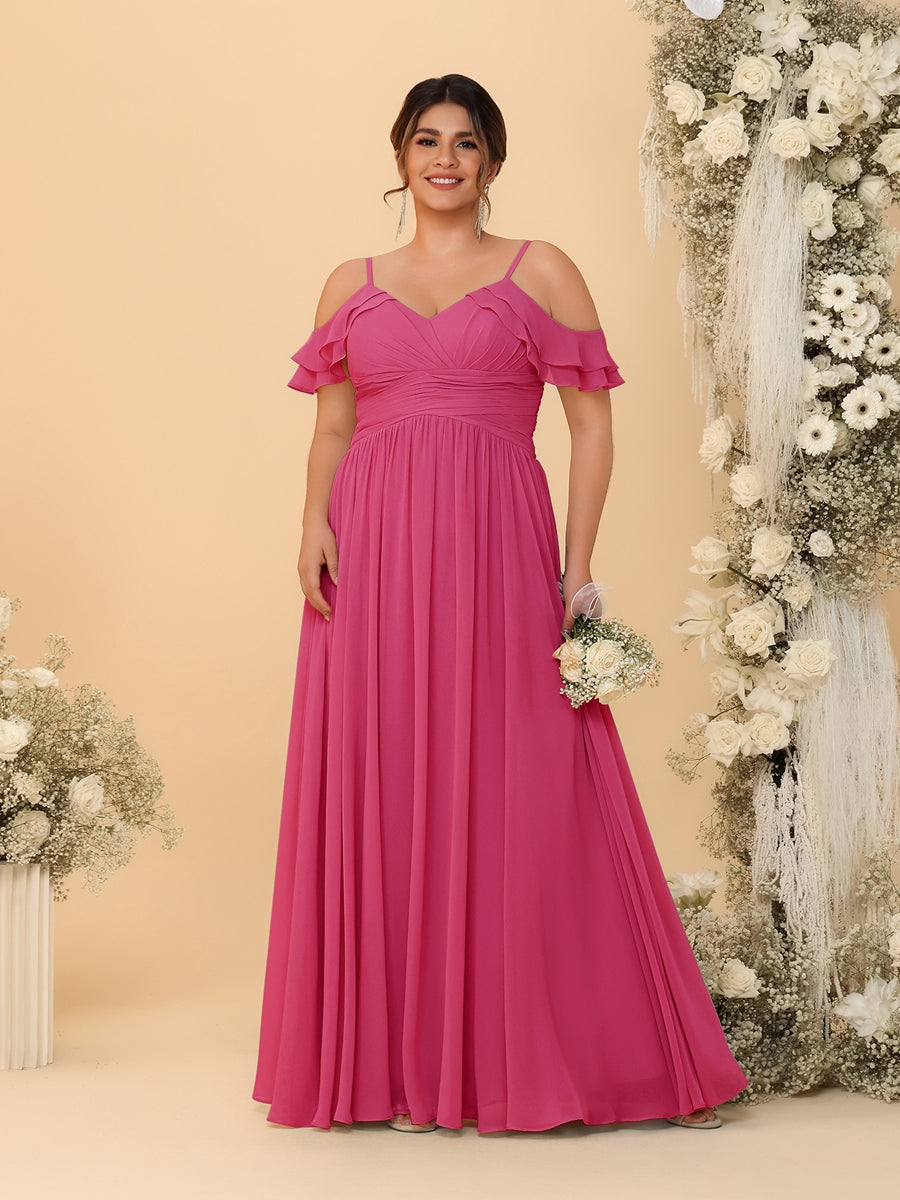 A-Line/Princess V-Neck Spaghetti Straps Chiffon Ruched Plus Size Bridesmaid Dresses Fuchsia